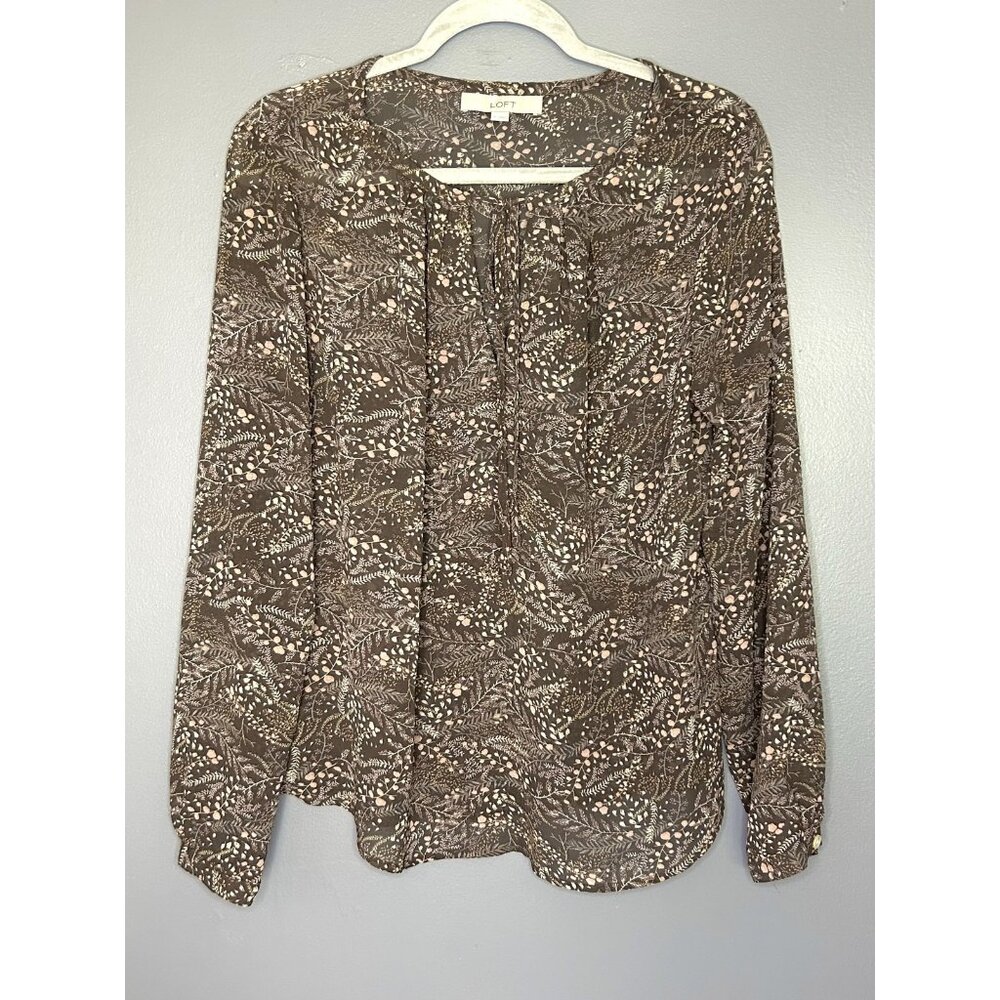 LOFT Blouse‎ Womens M Brown Pink Floral Semi Sheer Lightweight Forest Fairy Top